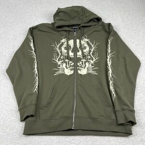 Hot Topic Mens Olive Green Skull Mushroom Graphic Zip Up Hoodie Large Y2K Sleeve